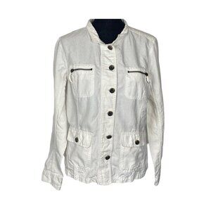 EDDIE BAUER Women Linen Blend Button Front Collared Jacket Sz L‎ White Classic